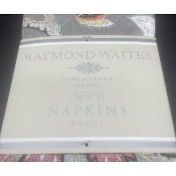 Raymond Waites Square Floral Cloth Napkins Gray Coral Gold Aqua White 19” NEW - Picture 2 of 3